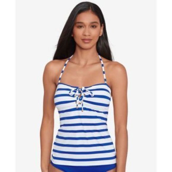 NWT Ralph Lauren Striped Lace-Up Tankini Swim Top Port Stripe Blue